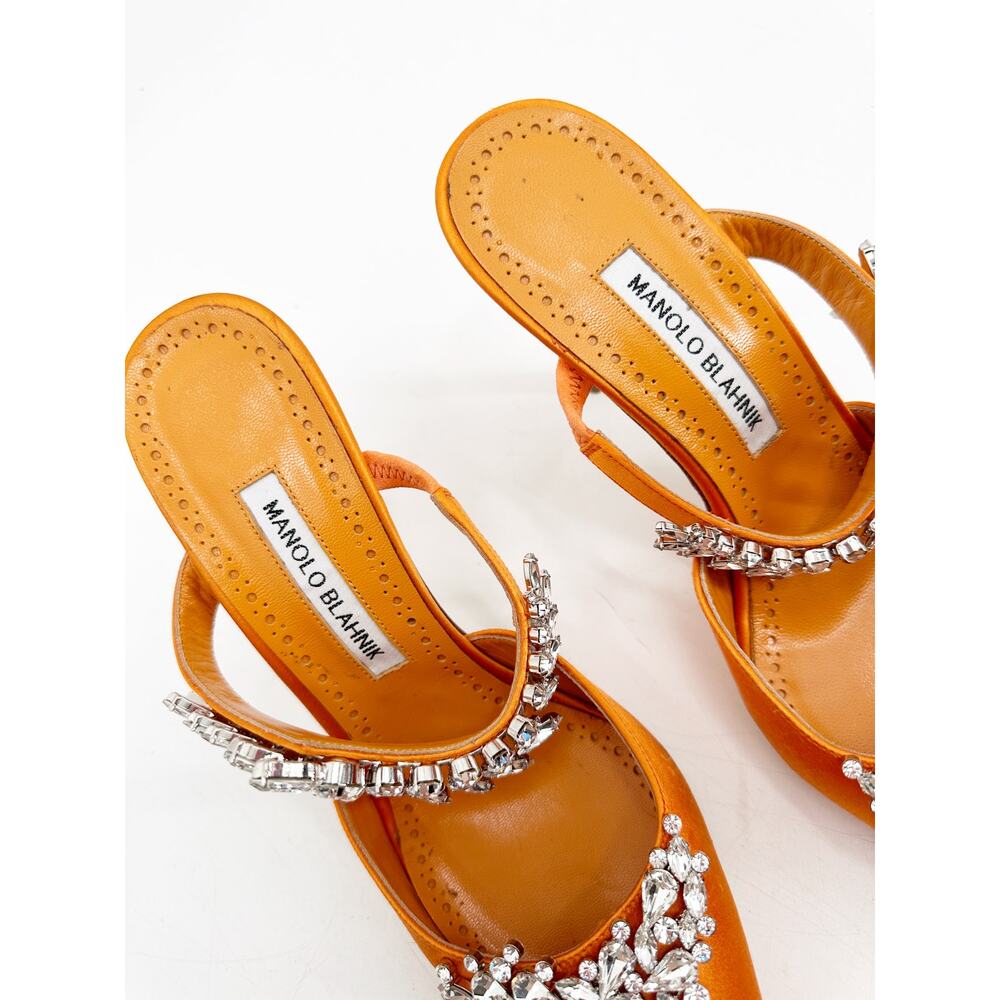 Manolo Blahnik Orange Satin Crystal Embellished 90 Mules 39.5‎ - Picture 4 of 10